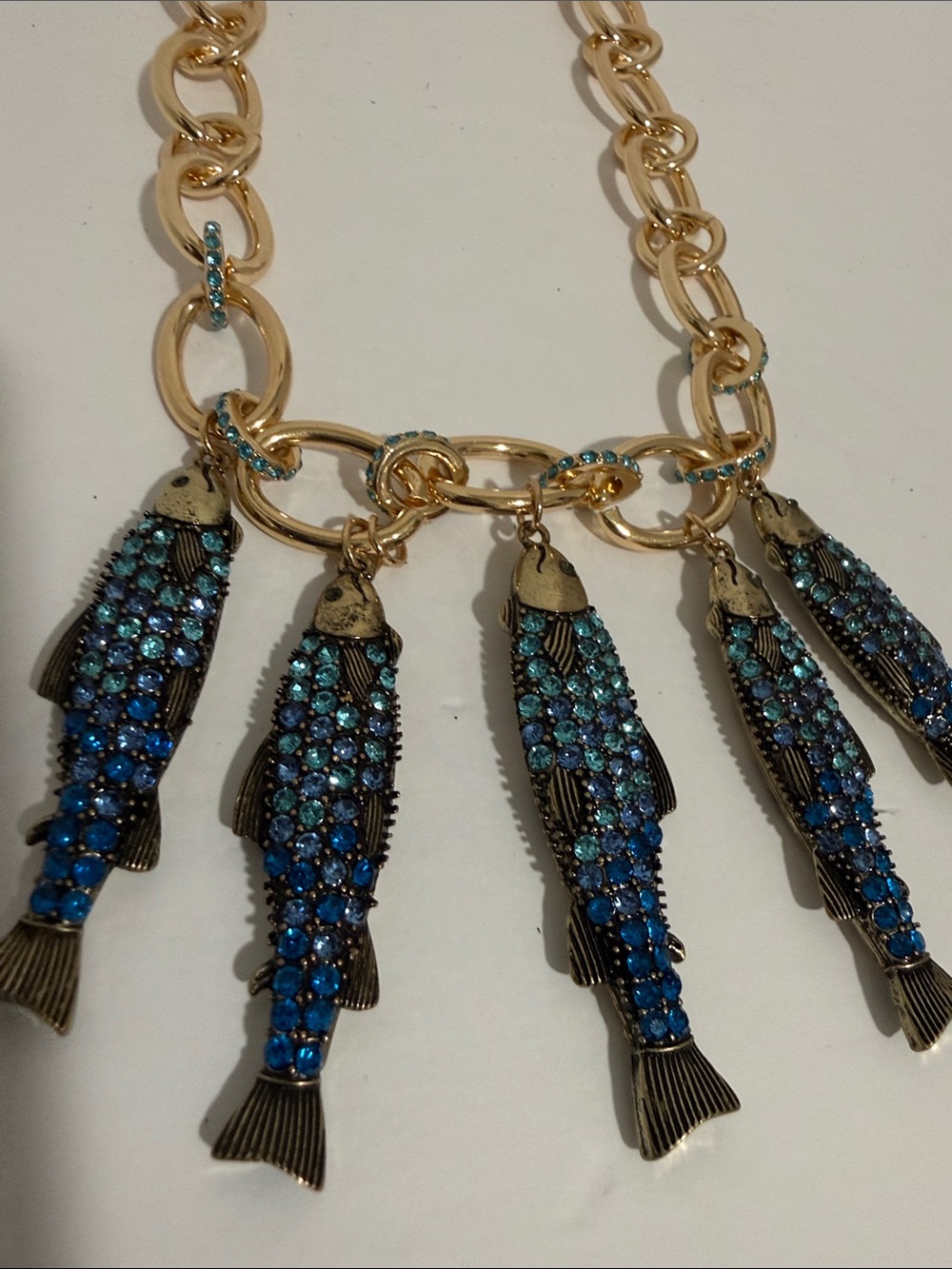 Betsey Johnson Fish Charm Gold-Tone Necklace with Blue Crystal Fish Charms